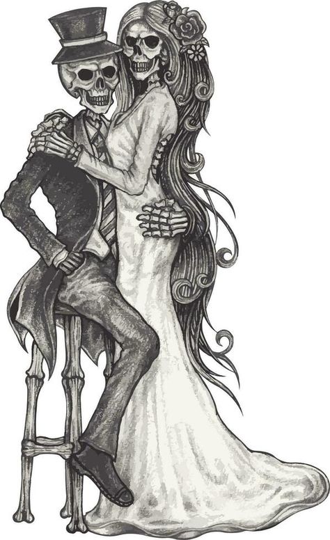 Bride And Groom Skeleton Tattoo, Skeleton Lovers Drawing, Skull Hand Drawing, Forever Tattoos, Couple Drawing Ideas, Skull Couple Tattoo, Skeleton Silhouette, Couple Skull, Prison Wife