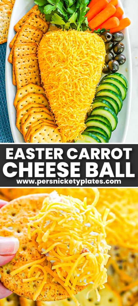 This playful Easter cheese ball is made with just 6 ingredients including cream cheese, cheddar, bacon, ranch seasoning mix, and Worcestershire sauce. Formed into the shape of a carrot, sprinkled with cheese, and finished off with fresh leafy greens for the carrot top, this adorable appetizer is colorful, fun, and delicious with crackers! Carrot Cheeseball, Easter Cheese Ball Recipes, Carrot Cheese Ball, Easter Cheese Ball, Easter Chick Deviled Eggs, Easter Cheese, Easter Party Food, Easter Appetizers, Easter Carrots