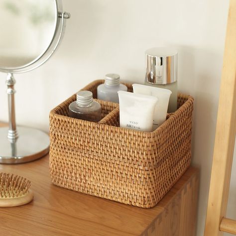 Handwoven rattan basket for table storage cosmetic organization home office decor Skincare Basket Storage, Bathroom Cosmetics Organization, Rattan Organizer, Rattan Basket Decor, Rattan Office, Cosmetics Organization, Bathroom Storage Baskets, Cosmetic Organization, Wicker Basket Decor