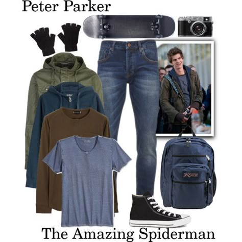 Peter Parker - The Amazing Spiderman by gone-girl on Polyvore featuring GUESS, Roamers & Seekers, Scotch & Soda, True Religion, Kuhl, JanSport, Converse, Fujifilm, Marvel and men's fashion Peter Parker Outfit Ideas, Peter Parker Outfit, Marvel Inspired Outfits, Spiderman Outfit, Parker Outfit, Nerd Outfits, Andrew Garfield Spiderman, Garfield Spiderman, Nerdy Outfits