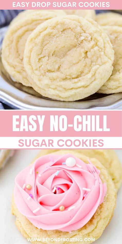 These easy homemade sugar cookies are soft and chewy with crisp, buttery edges. Decorate your cookies with icing or sprinkles for any holiday! Easy Drop Sugar Cookies, Drop Sugar Cookie Recipe, Homemade Sugar Cookies Easy, Chewy Sugar Cookie Recipe, Drop Sugar Cookies, Cookie Recipes Chewy, Homemade Sugar Cookies, Sugar Cookie Recipe Easy, Sugar Cookie Icing