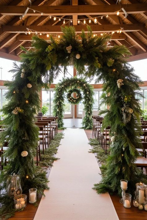 Christmas Chapel Wedding, Dark Green Christmas Wedding, Christmas Wedding Ceremony Decor, Christmas Wedding Arch, Christmas Wedding Ideas Elegant, Small Winter Wedding Ideas, Winter Wedding Aisle, Green Christmas Wedding, Christmas Wedding Ceremony