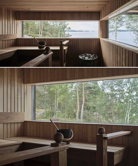 Inside this modern sauna, horizontal windows perfectly frame the views. Sauna With A View, Sauna By The Lake, Sauna With Window, Sauna Window, Sauna Design Interior, Modern Outdoor Sauna, Japanese Sauna, Sauna Project, Horizontal Windows