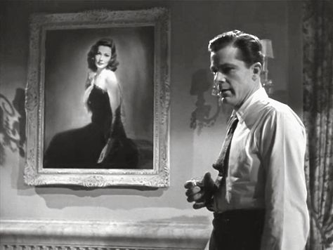 Dana Andrews with portrait of Gene Tierney as Laura in the movie- Laura Laura Movie, Vibe Photoshoot, Laura 1944, James Ellroy, Top 10 Films, Gothic Noir, Mystery Movies, Dana Andrews, The Big Sleep