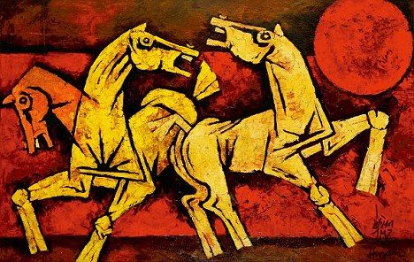 Bold:  M.F. Husain's 'Three Horses' is one of the highlights of the bid Hussain Paintings, Mf Hussain Paintings, Mf Hussain, Abstract Horse Painting, Famous Artists Paintings, Horse Canvas Painting, Abstract Horse, African Art Paintings, Horse Artwork