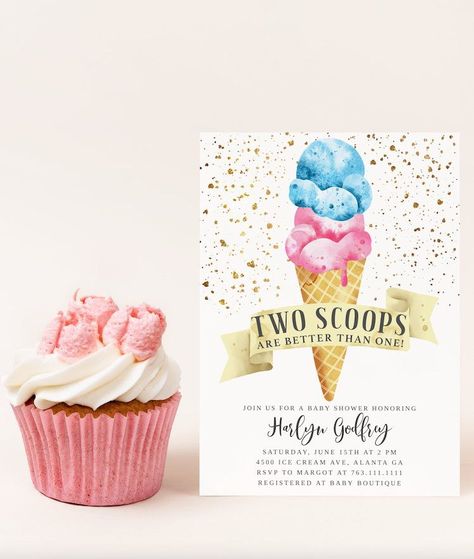 The perfect ice cream theme TWINS' baby shower invitation! Watercolor illustration of blue and pink ice creams on a waffle cone. The text says "Two scoops are better than one." Boy And Girl Birthday Party, Ice Cream Birthday Party Invitations, Summer Birthday Invitations, Cream Birthday Party, Ice Cream Birthday Party, Girl Birthday Party Invitations, Ice Cream Birthday, Boy Birthday Invitations, Twin Birthday