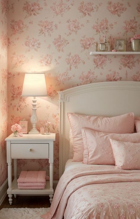 Add a touch of girly charm with a floral wallpaper accent wall and a vintage-inspired vanity table. Complete the look with a soft pink throw blanket and some cute fairy lights for a dreamy atmosphere. Cute Fairy Lights, Floral Wallpaper Accent Wall, Soft Girl Bedroom, Floral Wallpaper Bedroom, Girls Room Wallpaper, Pink Throw Blanket, Floral Bedroom, Pink Throw, Nursery Room Inspiration