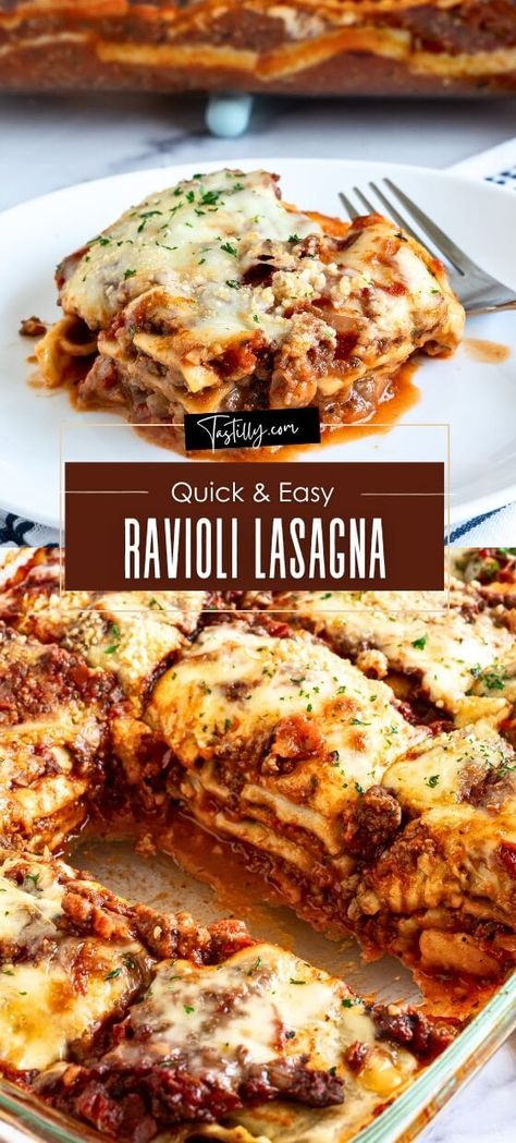 Quick & Easy Ravioli Lasagna Recipe – Tastilly Ravioli With Bolognese Sauce, Lazy Beef Lasagna, Lasagna Made With Ravioli, Easy Ravioli Lasagna Bake, Lasagna Ravioli Recipe, Frozen Ravioli Lasagna, Lazy Lasagna Ravioli, Ravioli Dishes, Ravioli Lasagna Bake