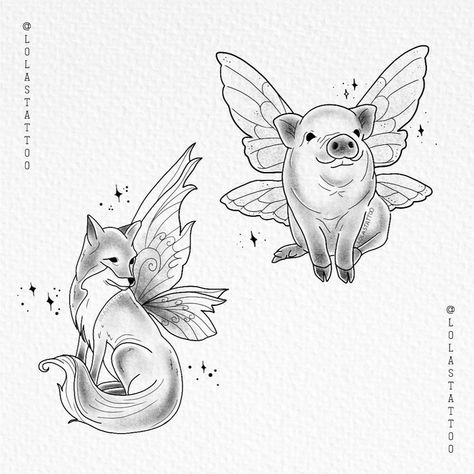 Drawing For Tattoos, Flying Pig Drawing, Flying Pig Tattoo, Fairy Animals, Fairy Wing Tattoos, Pig Sketch, Wings Sketch, Pig Tattoo, Fox Tattoo Design