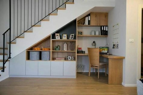 #stairsdecor #stairs #renovation Sottoscala Ideas, Open Under Stairs Ideas, Under Stairs Desk, Desk Under Stairs, Under Staircase Ideas, Living Room Under Stairs, Office Under Stairs, Cabinet Under Stairs, Storage Under Staircase