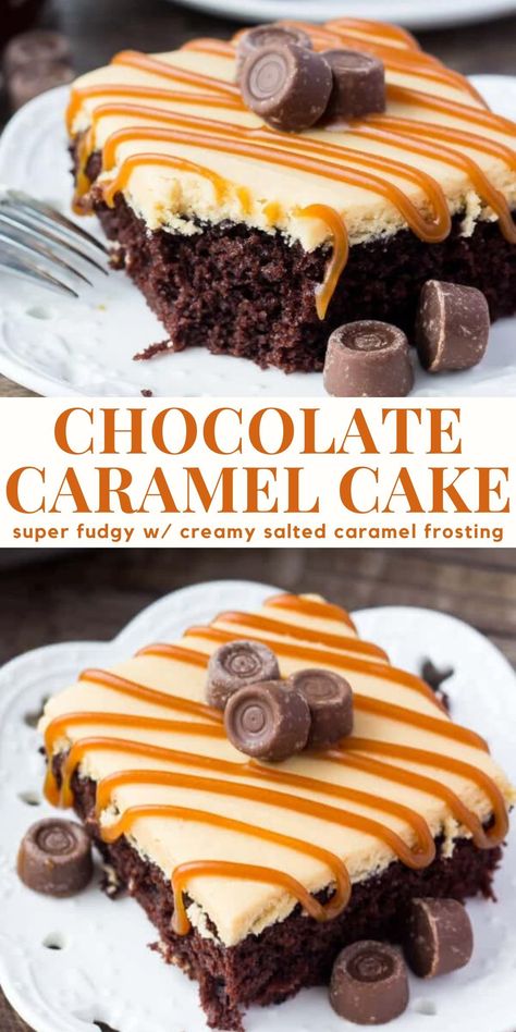 This chocolate cake with caramel frosting is an easy, delicious sheet cake with a delicious flavor combo. The chocolate cake is moist and fudgy and the caramel frosting has the perfect hint of salt and creamy texture #caramelfrosting #chocolatecaramelcake #chocolatecaramelcake #caramelbuttercream #chocolatecake from Just So Tasty https://www.justsotasty.com/chocolate-cake-caramel-frosting/ Chocolate Carmel Cake, Chocolate Caramel Desserts, Enchanted Kitchen, Chocolate Caramel Dessert, Chocolate Cake With Caramel, Cake With Caramel Frosting, Super Moist Chocolate Cake, Caramel Dessert, Caramel Dessert Recipes