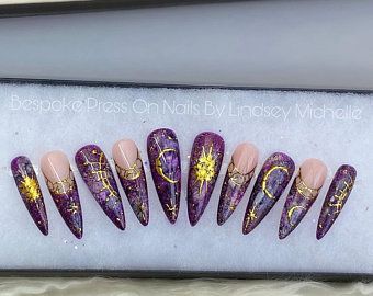 Custom Bespoke Press on Nails Sun and Moon all hand painted | Etsy Fall Nails With Purple, Spiritual Nail Art, Sun And Moon Nails, Practice Nails, Cosmic Nails, Adorable Nails, Halloween Nail Ideas, Hoco Inspo, Nails Orange