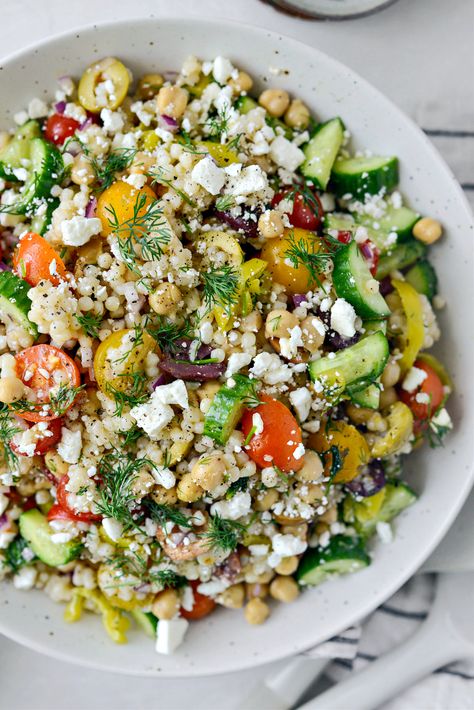 Greek Couscous Salad - Simply Scratch Greek Couscous, Pearled Couscous, Yum Salad, Greek Couscous Salad, Lebanese Garlic Sauce, Couscous Salad Recipes, Mediterranean Couscous, Salad Dressing Recipes Homemade, Greek Salad Recipes