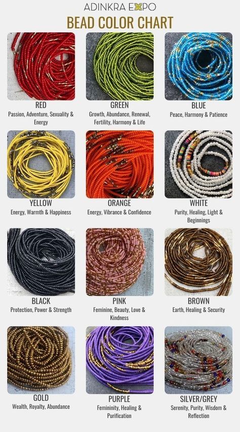 (1) Waist Beads Color Meaning Guide – Adinkra Expo Waist Beads Color Meaning, Suit Crop Top, Waist Beads African, Waist Jewelry, Idee Cosplay, Earthy Outfits, Belly Jewelry, Color Meanings, Bead Necklaces