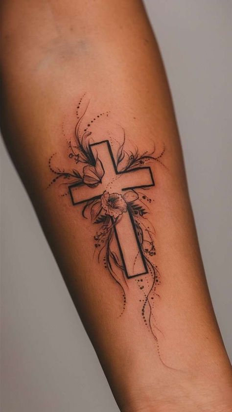 25+ Tiny Cross Tattoos for Women That Are So Cute Christian Behind The Ear Tattoos, Rugged Cross Drawing, Country Arm Tattoos For Women, Bible Hand Tattoos, Faithful Tattoo Ideas, Cross With Scripture Tattoo, Cross Name Tattoo, Thi Tattoos, Trust Tattoos For Women