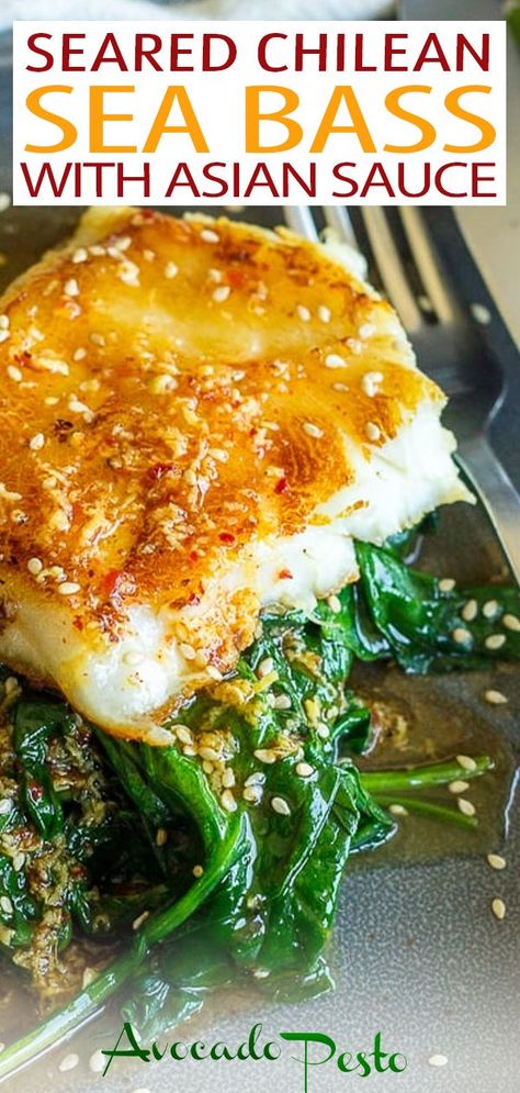 Sea Bass Recipes Healthy, Sea Bass Fillet Recipes, Seared Chilean Sea Bass Recipe, Gluten Free Shrimp Recipes, Sesame Spinach, Chilean Sea Bass Recipe, Vietnamese Sauce, Bass Recipes, Asian Sauce Recipes