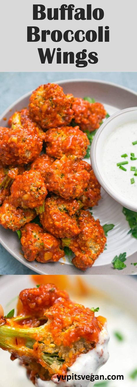 Buffalo Broccoli, Vegan Buffalo Sauce, Vegan Wings, Broccoli Bites, Vegan Entree, Vegetarian Appetizers, Vegan Comfort Food, Vegan Appetizers, Wing Recipes