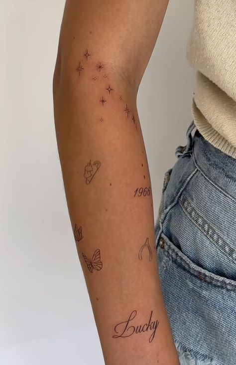 Brianna Chickenfry Tattoo, My Tattoo Aesthetic, Star Tattoos On Arm, Patch Sleeve Tattoo Women Minimal, Dainty Sticker Sleeve, Hit Me Hard And Soft Tattoo, One Arm Tattoo, Patchwork Tattoo Sleeves, How Lucky Are We Tattoo