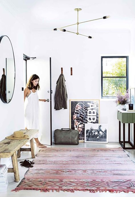 This bachelor pad makeover ticks all the boxes, thanks to the owner’s interior designer friend. Wall Nook, Cowhide Cushions, Timber Shelves, Mcm House, Bachelor Pad, Two Bedroom Apartments, Australian Homes, Entry Way, Barn Style