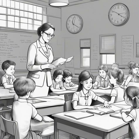 Teacher Drawing Illustration, Teacher And Student Drawing, Teacher And Student Images, Teacher Sketch, Teacher With Students, Class Sketch, Teacher Teaching Students, Teacher Drawing, Teachers Day Drawing