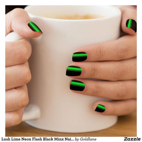 Lush Lime Neon Flash Black Minx Nail Art Neon Lime Nails Acrylic, Black And Neon Nails Short, Black Nails With Bright Colors, Black Neon Green Nails, Neon Green Black Nails, Neon Green Short Nails, Short Neon Green Nails, Black And Lime Green Nails, Black And Neon Nail Designs