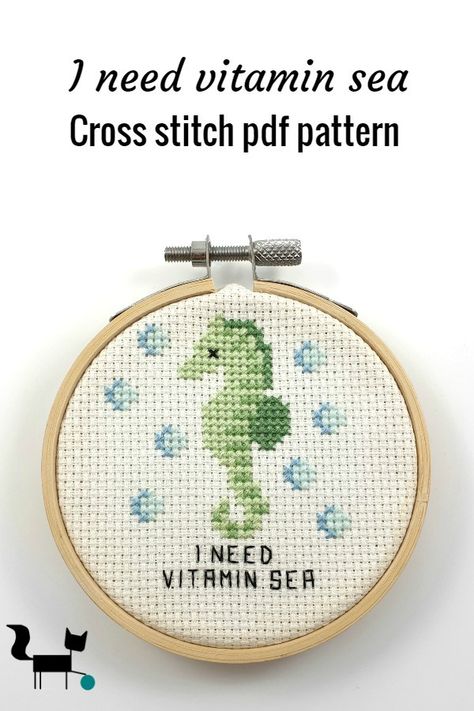 This cute I need vitamin sea is one of my newest addition to my animal pun line. This easy cross stitch can be made in an afternoon or so #crossstitchpattern #vitaminesea #seahorse Sea Cross Stitch, Cross Stitch Sea, I Need Vitamin Sea, Cross Stitch Floss, Easy Cross Stitch, Cross Stitch Boards, Xstitch Patterns, Tiny Cross Stitch, Easy Cross Stitch Patterns