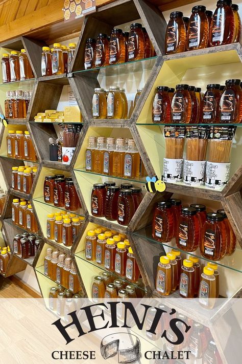 If you're looking for a little something sweet, we've got just what you need! You'll want to try them all with a wonderful selection of honey to add to your meals. Stop in to see all of our varieties for yourself, or shop for them online on our website today. Honey Shop Design Ideas, Honey Display, Honey Label Design, Bee Room, Honey Store, Mall Kiosk, Wood Bees, Honey Label, Soap Display