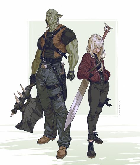 ArtStation - Partners, not friends, Cristina Laviña Broadsword Pose Ref, Body Guard Character Design, Character Idle Pose, Shadowrun Orc, Character Pose Ideas, Dystopian Character Design, Young Character Design, Body Guards, Body Guard