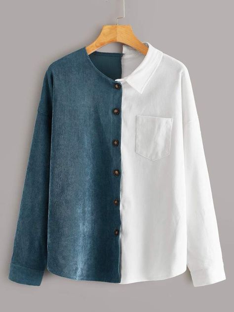 Shein Two Tone Pocket Front Corduroy Blouse Two Tone Shirt, Corduroy Blouse, Mode Kimono, Mommy Shirts, Casual Shirt Women, Trendy Fashion Tops, Corduroy Fabric, Womens Clothing Stores, Latest Fashion For Women