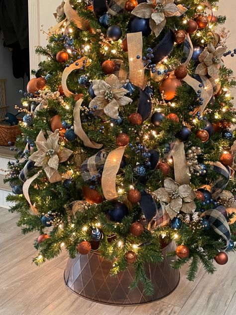 Brown And Navy Christmas Tree, Cooper And Navy Christmas Tree, Copper Christmas Tree Decor, Blue And Rust Christmas Tree, Navy And Bronze Christmas Tree, Navy And Rust Christmas Decor, Navy And Rust Christmas Tree, Navy Blue And Brown Christmas Tree, Navy And Orange Christmas Tree