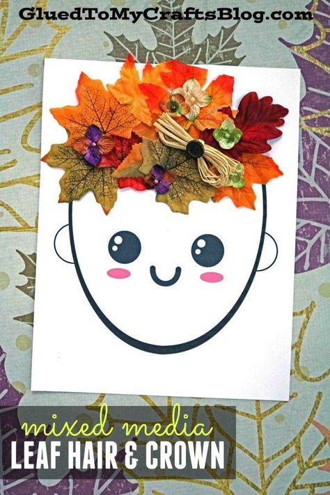 Mixed Media Leaf Hair & Crown - Fall Kid Craft Idea - Free Printable included to get you started! Crown For Kids, Crown Crafts, Easy Fall Crafts, Autumn Activities For Kids, Fall Preschool, Hair Crown, Kid Craft, Leaf Crafts, Fall Crafts For Kids