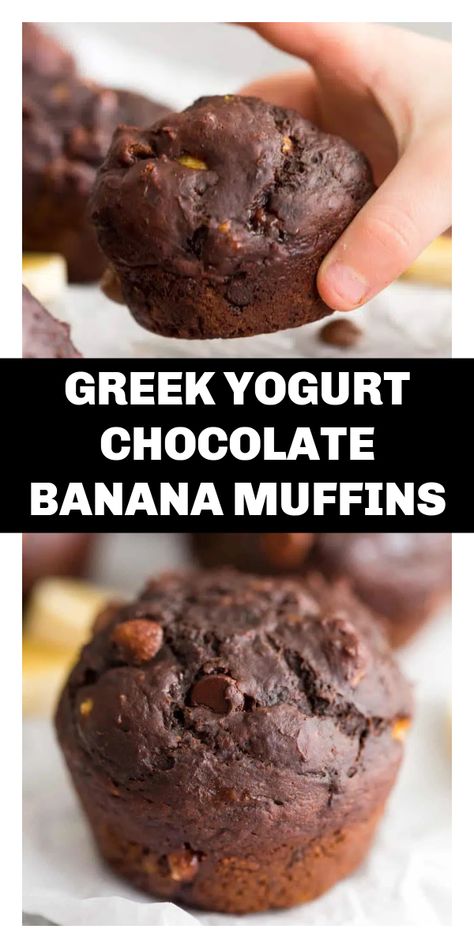 A lightened up, healthy recipe for Greek Yogurt Chocolate Banana Muffins with mashed bananas, Greek yogurt, and maple syrup. Banana Muffins Chocolate, Mashed Banana Recipes, Greek Yogurt Chocolate, Healthy Banana Recipes, Yogurt Chocolate, Chocolate Greek Yogurt, Muffins Chocolate, Greek Yogurt Muffins, Yogurt Muffins