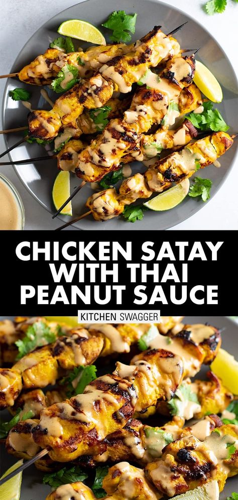 Inspired by the popular Southeast Asian dish, chicken satay. A generously seasoned, grilled chicken skewer served with homemade Thai peanut dipping sauce. #chickenskewers #chickenkebab #thaipeanutsauce #peanutsauce Seasoned Grilled Chicken, Chicken Satay With Peanut Sauce, Peanut Dipping Sauce, Asian Dish, Grilled Chicken Skewers, Peanut Sauce Recipe, Thai Peanut Sauce, Asian Spices, Roasted Pork Tenderloins