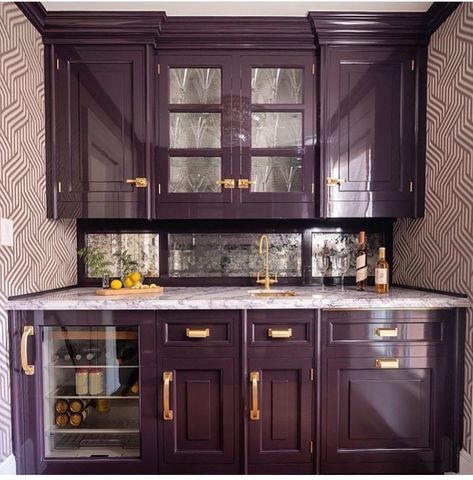 Bungalow Interior Ideas, Purple Kitchen Cabinets, Dark Academia Kitchen, Plum Kitchen, Purple Cabinets, Christopher Peacock, Wet Bar Designs, Bungalow Interior, Home Wet Bar