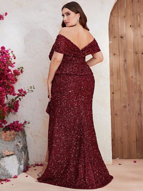 Maroon Collar Short Sleeve Sequins Plain Bodycon Embellished Slight Stretch Weddings & Events Plus Size Gala Dress, Plus Size Evening Gown, 2023 Prom, Colorful Dresses Formal, Sequin Formal Dress, Gala Dresses, Custom Dresses, Ruffle Trim, Formal Dress