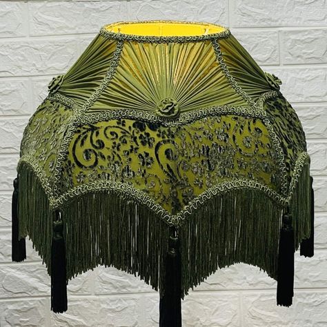 Lampshade scallop dome green burn-out velvet with fringe. This lampshade is handmade & may have slight imperfections (as you may see) which are inherent to hand-crafted items and should be viewed as part of its natural beauty and charm. They may show subtle variations and small flaws which are part of the individual character and charm of handicraft work. RETURN POLICY: WE DO ACCEPT RETURNS BUT WILL ONLY REFUND THE AMOUNT FOR THE COST OF THE LAMPSHADE. SO, IF YOU HAVE TO RETURN THE LAMPSHADE FOR Lamp Shade Vintage, Green Victorian Lampshade, Diy Victorian Lampshades, Lamp Shade Crafts, Green Lampshade, Velvet Lampshade, Victorian Lamp, Vintage Lampshades, Victorian Lighting