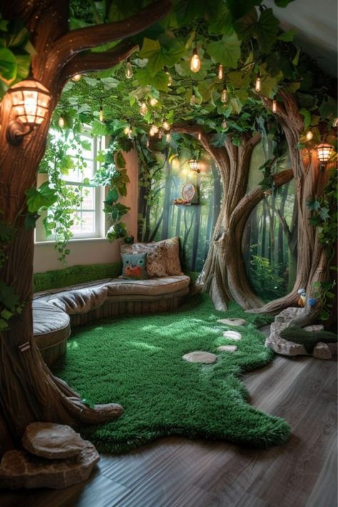 Forest Themed Interior Design, Library Themed Room, Enchanted Forest Nursery Mural, Fairy Forest Kids Room, Mystical Forest Nursery, Woodland Bedroom Aesthetic, Enchanted Forest Apartment, Magical Forest Kids Bedroom, Enchanted Interior Design