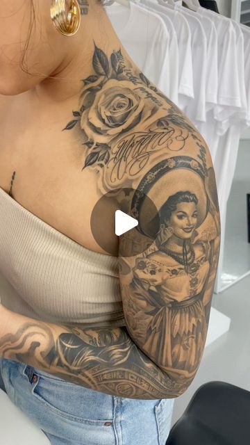 Mexican Queen Tattoo, Latina Sleeve Tattoo, Chula Tattoo Ideas, Mexican Back Tattoo Women, Mexican American Tattoos For Women, Mexican Style Tattoos For Women, Aztec Warrior Tattoo For Women, Mexican Heritage Tattoos For Women, Aztec Tattoo Mexican For Women