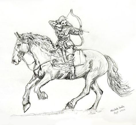 Pencil drawing of a horse and a woman archer. Croquis, Horse Archer Art, Warrior On Horse Drawing, Ride Horse Drawing, Horse Rearing With Rider Drawing, Horse Riding Sketch, Horse And Rider Drawing, Person Riding Horse Drawing Reference, Horse Riding Drawing