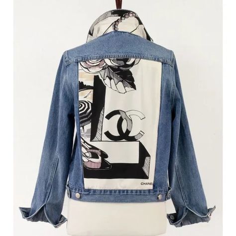 Ascend Elevate Thyself | Jackets & Coats | Ascend One Of A Kind Designer Scarf Jean Jacket Denimchanel | Poshmark Chanel Jean Jacket, Denim Jacket Patches Aesthetic, Upcycled Jean Jacket, Denim Jacket Design Ideas, Beaded Jean Jacket, Upcycle Jean Jacket, Denim Jacket Customized, Scarf Chanel, Patch Aesthetic