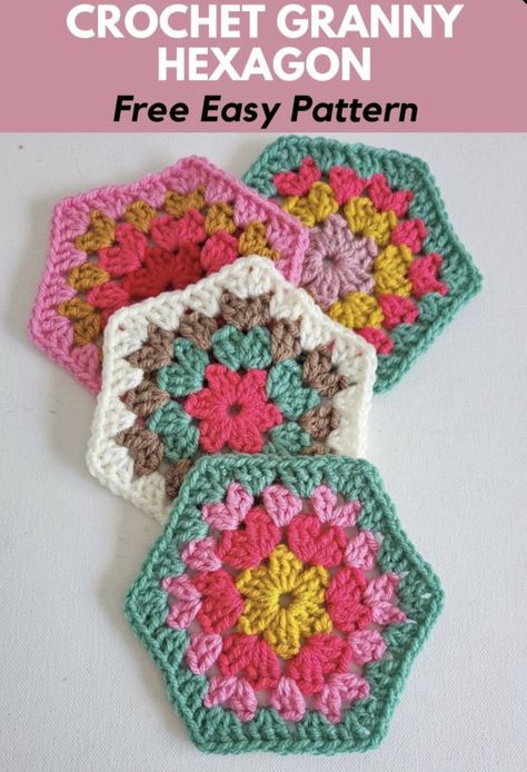 Granny Hexagon Crochet Pattern (FREE) Crocheted Hexagon Pattern, Crochet Octagon Granny Square, Hexagon Granny Square Pattern, Crochet Shapes, Crochet Hexagon Blanket, 2024 Crochet, Crochet Flower Granny Square Pattern, Hexagon Crochet Pattern, Granny Hexagon