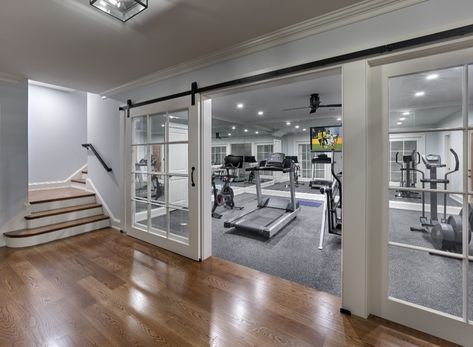 Gym Area In Home, Basement Hallway Ideas, Home Gym Aesthetic, Basement Workout Room, Gym Door, Home Gym Basement, Dream Home Gym, Workout Room Home, Glass Sliding Doors