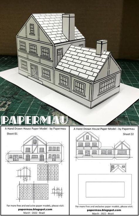 PAPERMAU: Hand Drawn House Papercraft - by Papermau - Download Now! Puts House Patterns, Diy Paper House Templates, Paper Houses Diy, Printable House Template, Paper House Template Printables Free, Cardboard House Template, 3d Paper House Template, Paper House Craft, Papercraft House