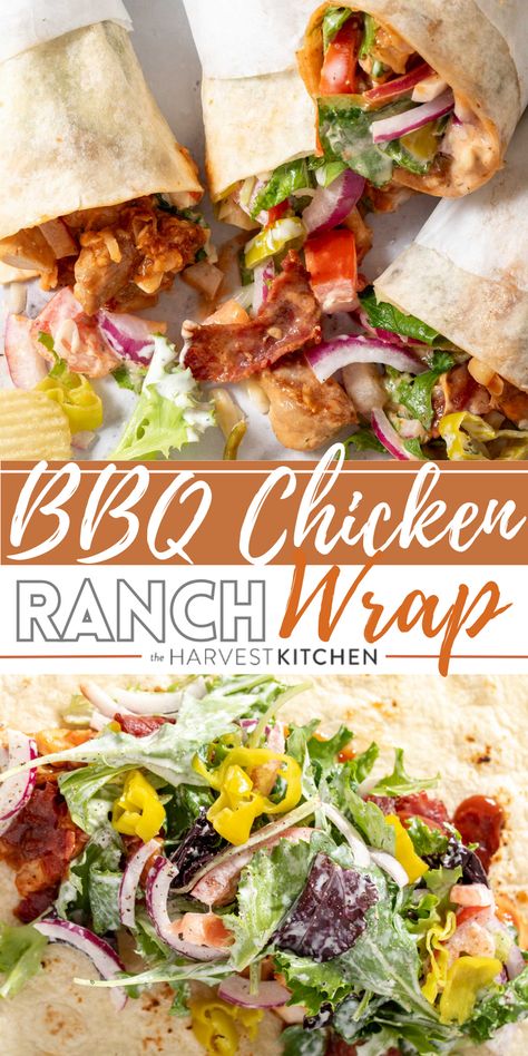 This BBQ Chicken Wrap recipe is made with grilled chicken, BBQ sauce, turkey bacon, pepper Jack cheese, tomato, onion, pepperoncini and spring mix tossed in homemade ranch dressing all wrapped in flour tortillas. These chicken wraps are super quick and easy to make any night of the week. Bbq Chicken Salad Wrap, Bbq Ranch Chicken Wrap, Barbecue Chicken Wrap, Bbq Chicken Wraps Healthy, Bbq Chicken Wrap Recipes, Grilled Chicken Wrap Recipes, Bbq Main Dishes, Bbq Wrap, Barbecue Ranch Chicken