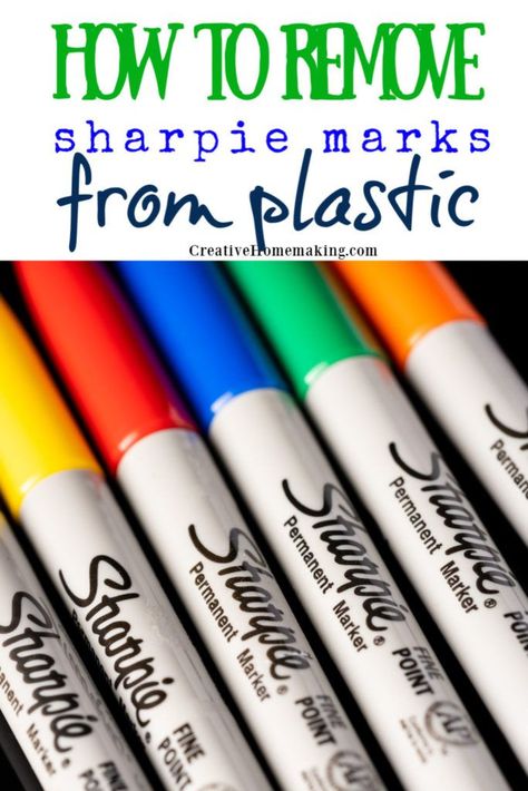 Easy DIY tips for removing sharpie or permanent marker from plastic. One of my favorite cleaning hacks! #creativehomemaking #cleaning #cleaninghacks #cleaningtricks #cleaninghints Removing Sharpie, Remove Sharpie, Traditional Homemaking, How To Remove Sharpie, Remove Permanent Marker, Expo Marker, Marker Stain, Plastic Folders, Sharpie Marker