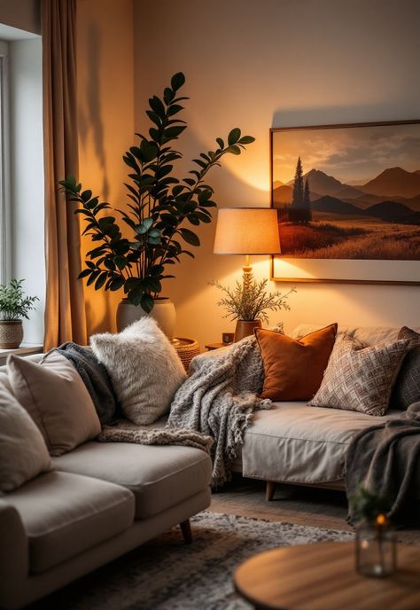 Cozy Lighting Living Room Cosy Living Room Lighting, Warm Cozy Home Aesthetic, Warm Living Room Lighting, Cozy Living Room Lighting Ideas, Low Light Living Room Ideas, Corner Lamp Ideas, Cozy Lamps Living Room, Earth Tone Apartment, Apartment Color Ideas