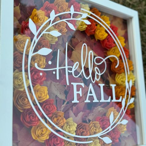 Handmade Fall Shadow Box 🍁🍂 #hellofall #fall #autumn #leaves #handmade #shadowbox #paperflowers #crafts #cardstock #cricutmaker #personalized #gift #homedecor #decor #unique #lifetime Flowers Home Decor, Flower Shadow Box, Flowers Home, Hello Fall, Home Decor Pictures, Hello Autumn, Shadow Box Frames, Picture Display, Cardstock Paper