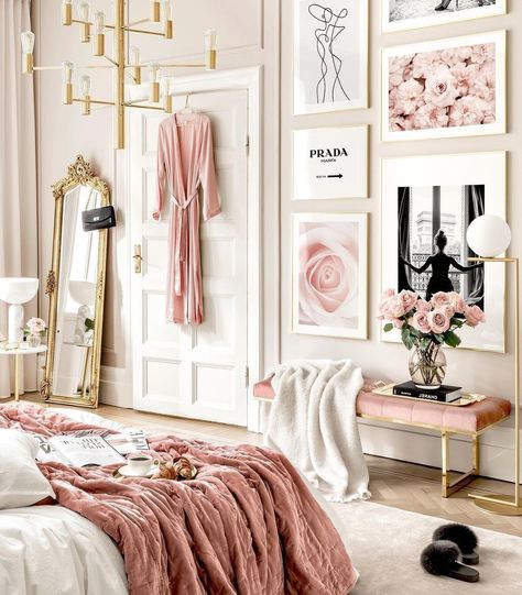 Picture Wall Bedroom, Girly Decor, Gallery Wall Inspiration, Gorgeous Bedrooms, Bedroom Pictures, Pink Theme, Glam Room, Elegant Bedroom, Pink Room