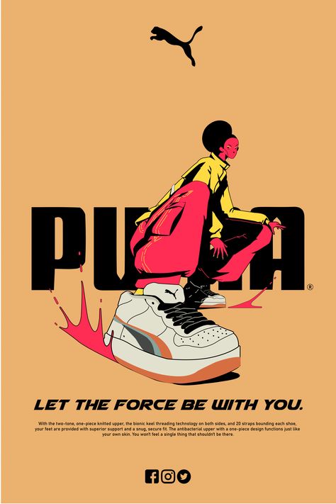 PUMA POSTER Puma Aesthetic Wallpaper, Retro Shoe Poster, Fashion Poster Illustration, Puma Poster Design, Puma Graphic Design, Puma Logo Wallpapers Hd, Sneaker Poster Graphic Design, Graphic Design Shoes, Sneaker Design Ideas