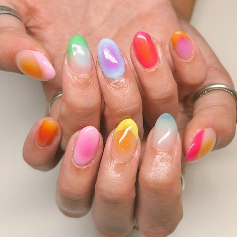 Is this what + 1 billion aura means Inspo @struct.ology.nyc 🧡🩵🩷💛  Multicolor aura nails french tips cute nail designs simple summer nail inspo colorful nail inspo gel nails structured manicure luminary natural nails short oval nails almond shape medium length cute nail art inspo pigment powders aura made with eye shadow palette ombre nails pink orange yellow blue green nail inspo fun nails Nails With Powder Color, Simple Multicolor Nails, Short Nail Designs Gel Simple Art Ideas, Aura Nails Multicolor, Fun French Tips Almond, Cute Nail Designs Simple, Nail Inspo Fun, Nail Inspo Colorful, Structured Gel Manicure